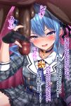  1boy 1girl ascot black_choker black_gloves blue_ascot blue_eyes blue_hair censored choker commentary_request dark-skinned_male dark_skin gloves handjob hetero hololive hoshimachi_suisei hoshimachi_suisei_(1st_costume) interracial kuragari large_penis mosaic_censoring partially_fingerless_gloves penis plaid_clothes plaid_shirt plaid_skirt shirt skirt testicles very_dark_skin virtual_youtuber 