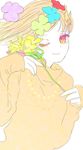  bad_id bad_pixiv_id blonde_hair copyright_request flower gradient_eyes hair_flower hair_ornament jewelry morikura_en multicolored multicolored_eyes necklace one_eye_closed smile solo sweater 