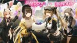  4girls bare_shoulders black_gloves black_skirt black_thighhighs brown_hair cake closed_mouth commentary_request food girls'_frontline girls'_frontline_2:_exilium gloves grey_hair happy_anniversary jacket kim_eb korean_commentary lenna_(girls'_frontline_2) leva_(girls'_frontline_2) long_hair looking_at_viewer m4_sopmod_ii_(girls'_frontline) multicolored_hair multiple_girls off_shoulder one_eye_closed open_clothes open_jacket open_mouth red_hair ro635_(girls'_frontline) robella_(girls'_frontline_2) scar scar_across_eye scar_on_face single_thighhigh skirt smile streaked_hair teeth thighhighs ump45_(girls'_frontline) ump9_(girls'_frontline) 