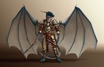  abstract_background armor blue_dragon clothing dragon drakien male scabbard slash0x solo standing sword warrior weapon wings 