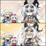  3girls ahoge bare_shoulders black_gloves black_horns black_jacket blonde_hair blue_sash bow breasts carlotta_(wuthering_waves) closed_eyes commentary_request curled_horns dress eyewear_on_head gloves grey_dress hair_between_eyes hair_bow hair_ornament hat highres horns jacket jacket_on_shoulders korean_commentary large_breasts long_hair multicolored_hair multiple_girls own_hands_clasped own_hands_together phoebe_(wuthering_waves) pink_bow pink_jacket red_eyes sash shaded_face shirt smile sparkle sparkling_aura streaked_hair sunglasses sweater sweater_dress white_hat white_shirt windy_(jazz9207) wuthering_waves x_hair_ornament zani_(downtown_repose)_(wuthering_waves) zani_(wuthering_waves) 