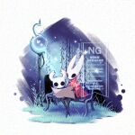  1girl 1other arthropod_girl black_eyes cloak eenqn grass holding holding_map hollow_eyes hollow_knight hornet_(hollow_knight) horns knight_(hollow_knight) lamppost map on_bench red_cloak sitting watermark 