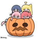  >_< 4girls :d absurdres ahoge blonde_hair blue_eyes blue_hair bocchi_the_rock! bow bowtie closed_eyes closed_mouth commentary detached_ahoge gotoh_hitori green_eyes highres ijichi_nijika kessoku_band kita_ikuyo long_hair looking_at_viewer lulalang mini_person minigirl mole mole_under_eye multiple_girls one_side_up open_mouth pink_hair pumpkin red_bow red_bowtie red_hair simple_background smile symbol-only_commentary white_background yamada_ryo 