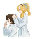  2girls :d blonde_hair blush brown_hair commentary cropped_torso dress gmeg011 green_ribbon hair_ribbon hand_up highres koishikawa_iko long_hair long_sleeves lower_teeth_only medium_hair momijiyama_teru multiple_girls orange_eyes ponytail ribbon scar scar_across_eyebrow scar_on_face shy_(series) simple_background smile symbol-only_commentary teeth white_background white_dress 