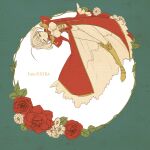  1girl ahoge armored_boots ass_visible_through_thighs blonde_hair boots breasts closed_eyes closed_mouth commentary_request dress epaulettes facing_viewer fate/extra fate_(series) flower full_body highres long_sleeves medium_breasts nero_claudius_(fate) nero_claudius_(fate/extra) panties red_dress red_flower roku_(ntbr_fate) see-through_clothes see-through_dress short_hair solo underwear white_panties 