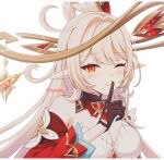  1girl ;) ahoge alice_(genshin_impact) bare_shoulders blonde_hair blush breasts brown_gloves cleavage closed_mouth detached_sleeves finger_to_mouth genshin_impact gloves long_hair long_sleeves looking_at_viewer nyanya one_eye_closed pointy_ears pyro_symbol_(genshin_impact) red_eyes red_sleeves shushing smile solo symbol-shaped_pupils upper_body very_long_hair vision_(genshin_impact) 