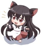  1girl :3 :d animal_ear_fluff animal_ears blush brown_hair chibi chibi_only commentary_request dress fang frilled_dress frilled_sleeves frills full_body hair_between_eyes highres imaizumi_kagerou long_hair long_sleeves notice_lines open_mouth red_dress red_eyes rokugou_daisuke signature simple_background smile solo standing touhou two-tone_dress very_long_hair white_background white_dress wolf_ears wolf_girl 