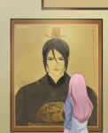  1boy 1girl alternate_costume alternate_hairstyle artist_name back black_hair black_hanfu blue_shirt character_name chinese_clothes closed_mouth commentary english_commentary hair_between_eyes hanfu haruno_sakura highres looking_ahead naruto_(series) painting_(object) pink_hair portrait_(object) sepia shirt sleeves_rolled_up tenartistt uchiha_sasuke upper_body vest white_vest xiao_guan_(headdress) yuanlingpao 