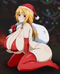 1girl bare_shoulders bikini blonde_hair bow breasts charlotte_dunois christmas_stocking christmas_tree closed_mouth curvy detached_sleeves eyes_visible_through_hair fireplace fur-trimmed_sleeves fur-trimmed_thighhighs fur_trim gift hair_between_eyes hair_bow hat highres holding holding_sack huge_breasts infinite_stratos jewelry light_blush light_smile low_ponytail necklace nose plump ponytail purple_eyes red_bikini red_thighhighs sack sack_behind_back santa_bikini santa_costume santa_hat seiza sitting space_gorilla swimsuit thighhighs 