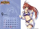  2006 artist_request breasts brown_eyes brown_hair calendar_(medium) highres jacket long_hair medium_breasts nagahara_chizuru ponytail september smile solo sports_bikini wrestle_angels wrestle_angels_survivor wrestler wrestling_outfit 