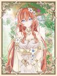  1girl bare_shoulders blue_eyes border bracelet breasts cleavage closed_mouth cocoria_(cocoi) commentary_request cross-shaped_pupils dress expressionless flower gold_bracelet hair_between_eyes hair_flower hair_ornament highres honkai:_star_rail honkai_(series) instagram_username jewelry large_breasts long_hair looking_at_viewer ornate_border own_hands_together pillar plant pointy_ears red_hair solo symbol-shaped_pupils tribios_(honkai:_star_rail) upper_body very_long_hair vines white_dress 