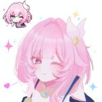  1girl ;) bare_shoulders blue_eyes chibi chibi_inset coat commentary_request cyrene_(aedes_elysiae)_(honkai:_star_rail) cyrene_(honkai:_star_rail) hair_ornament heart highres honkai:_star_rail honkai:_star_rail_sticker_redraw_(meme) honkai_(series) jewelry looking_at_viewer meme multicolored_hair necklace nemui_02190 one_eye_closed pink_hair purple_coat short_hair simple_background smile solo two-tone_hair white_background white_hair 