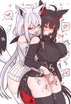  2girls ahoge animal_ear_fluff animal_ears black_hair blush breasts commentary dark_persona dual_persona fox_ears fox_girl fox_tail highres hololive kurokami_fubuki large_breasts long_hair multiple_girls selfcest shirakami_fubuki shiroi_yoru tail thighhighs white_hair yuri 