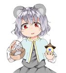  animal_ears basket bishamonten's_pagoda capelet dress gem grey_dress grey_hair jewelry long_sleeves looking_at_viewer mouse mouse_ears nanana_(chicken_union) nazrin necklace open_mouth pendant red_eyes short_hair smile solo touhou 