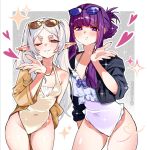  2girls :t ass_visible_through_thighs black-framed_eyewear black_jacket blue-tinted_eyewear blush border breasts casual_one-piece_swimsuit closed_mouth commentary covered_navel cowboy_shot cropped_jacket ear_piercing elf english_commentary eyewear_on_head fern_(sousou_no_frieren) frieren frilled_one-piece_swimsuit frills gold_one-piece_swimsuit green_eyes grey_hair grin hand_up heart highleg highleg_one-piece_swimsuit highres jacket large_breasts long_hair long_sidelocks looking_at_viewer multiple_girls off_shoulder one-piece_swimsuit one_eye_closed open_clothes open_jacket outline outside_border piercing pointy_ears pout purple_eyes purple_hair sachichuu short_eyebrows sidelocks single_bare_shoulder sleeves_pushed_up small_breasts smile sousou_no_frieren standing swimsuit thick_eyebrows tinted_eyewear twintails twitter_username v-shaped_eyebrows very_long_hair white_border white_one-piece_swimsuit white_outline yellow-framed_eyewear yellow_jacket 