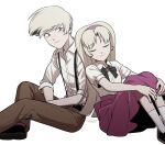  1boy 1girl :3 angel_dust arm_freckles back-to-back bare_arms belt black_belt black_bow black_bowtie black_shoes blunt_ends body_freckles bow bowtie breasts brooch brother_and_sister brown_belt brown_eyes buttons closed_eyes closed_mouth collared_shirt commentary_request feet_out_of_frame fingernails foot_out_of_frame freckles hairband hazbin_hotel hellaverse high-waist_skirt highres hugging_own_legs jewelry kneehighs knees_up long_hair looking_at_another medium_skirt menma_(enaic31) molly_(hazbin_hotel) pink_hairband pink_skirt shirt shirt_tucked_in shoes short_hair siblings signature simple_background sitting skirt small_breasts smile socks suspenders swept_bangs three-quarter_sleeves twins u_u v_arms very_long_hair very_short_hair white_background white_hair white_shirt white_socks 