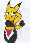 2019 anthro black_body black_fur breasts clothing cosplay_pikachu_(costume) dated dipstick_ears dipstick_tail ear_markings eyebrows eyelashes female fur generation_1_pokemon hands_behind_head hands_behind_own_head hi_res long_eyelashes markings midriff multicolored_ears nintendo open_mouth open_smile pikachu pikachu_libre pokemon pokemon_(species) raised_eyebrow red_cheeks sebaku signature smile solo tail tail_markings teeth traditional_media_(artwork) yellow_body yellow_fur