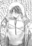  1boy blush cold commentary_request cotsu_kotsu fur-trimmed_jacket fur_trim greyscale hair_over_one_eye highres jacket looking_at_viewer male_focus medium_hair monochrome multicolored_hair nagasone_kotetsu navel nipples open_clothes open_jacket pectorals runny_nose snot solo toned toned_male touken_ranbu upper_body 