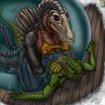 1:1 absurd_res alcohol_bottle anthro breasts breath clothing dinosaur dromaeosaurid duo female hi_res high-angle_view jurassic_park jurassic_world larger_female logo_on_clothing lokidragon87 male male/female non-mammal_breasts prehistoric_species reptile sauna saurischian scalie scar size_difference smaller_male snow spinosaurid spinosaurus swimwear tail theropod tongue tongue_out universal_studios water