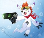 2025 ambiguous_gender bandai_namco bubble cellphone claws digimon digimon_(species) digivice electronics eyewear eyewear_on_head feral goggles goggles_on_head gomamon green_eyes gun hair hi_res nekostar phone ranged_weapon red_hair scarf signature simple_background smartphone solo vavacung water weapon white_body