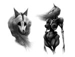 4:3 absurd_res anthro bone canid canine creepy female floating ghost grey_body grey_hair hair hi_res horror_(theme) long_hair mammal mikelocesterlanders monochrome rib_cage skeleton sketch skull skull_head solo spirit supernatural translucent translucent_body