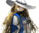  1girl absurdres blonde_hair blue_sash closed_mouth commentary_request hat high-waist_skirt highres long_hair long_sleeves partial_commentary phoebe_(wuthering_waves) pikuson sash shirt simple_background skirt smile solo upper_body white_background white_hat white_shirt white_skirt wuthering_waves 