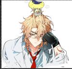  2boys anger_vein arm_tattoo black_gloves blonde_hair braid coat collared_shirt facial_tattoo gloves grabbing_another's_hair gradient_hair hackmemme highres holding_another's_hair honkai:_star_rail honkai_(series) male_focus medium_hair multicolored_hair multiple_boys mushroom mydei_(honkai:_star_rail) necktie official_alternate_costume one_eye_closed phainon_(honkai:_star_rail) phainon_(khaslana)_(honkai:_star_rail) red_hair red_necktie red_tattoo shirt side_braid simple_background tattoo white_background white_coat white_shirt yellow_eyes 