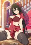  1girl angry arch ass_visible_through_thighs banister black_eyes black_hair black_thighhighs black_veil blue_pupils blush bra breasts cleavage collarbone dress flower hair_flower hair_ornament kagura_(senran_kagura) large_breasts lens_flare light_particles long_hair looking_at_viewer official_art panties puffy_short_sleeves puffy_sleeves red_bra red_dress red_flower red_panties red_rose rose senran_kagura senran_kagura_new_wave shiny_skin short_sleeves sitting solo sparkle stairs suggestive_fluid symbol-shaped_pupils thighhighs torn_clothes torn_dress underwear veil very_long_hair wariza wet 