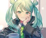  1girl black_jacket blurry blurry_foreground closed_mouth collared_shirt commentary_request cup double_bun green_eyes green_hair hair_between_eyes hair_bun hand_on_own_cheek hand_on_own_face hatsune_miku jacket kotoha_shiki light_blush long_hair long_sleeves looking_at_viewer project_sekai shirt smile solo twintails upper_body very_long_hair vivid_bad_squad_miku vocaloid wide_sleeves 