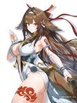  1girl animal_ears bare_shoulders breasts brown_hair china_dress chinese_clothes commentary_request dress droopy_ears fox_ears fox_girl fox_tail hair_intakes hair_ornament hairband highres holding holding_sword holding_weapon large_breasts leg_tattoo long_hair looking_at_viewer metal_bracelet parted_lips qingming_sword red_eyes smile solo sword tail tattoo toyoman twitter_username very_long_hair weapon white_background white_hairband ye_shunguang zenless_zone_zero 