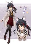  1girl absurdres animal_ears black_hair black_pantyhose boots brown_boots coat commentary_request cup disposable_cup full_body highres holding holding_cup hololive long_hair long_sleeves multicolored_hair multiple_views necktie neru5 one_eye_closed ookami_mio open_clothes open_coat open_mouth pantyhose red_hair red_skirt school_uniform skirt smile standing streaked_hair virtual_youtuber wolf_ears wolf_girl yellow_eyes yellow_necktie 