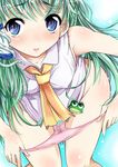  absurdres alternate_costume ascot bare_arms bare_legs bare_shoulders bent_over blue_eyes blush breasts covered_nipples frog_hair_ornament goya_(team_harenchi) green_hair groin hair_ornament hair_tubes highres kochiya_sanae leaning_forward long_hair looking_at_viewer medium_breasts no_pants open_mouth panties panty_pull pink_panties pussy_juice pussy_juice_stain school_uniform sleeveless smile snake solo touhou underwear wet wet_clothes wet_panties 
