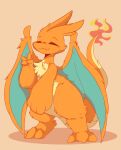ambiguous_gender anthro blue_body charizard cheek_tuft chest_tuft colored dragon eyes_closed facial_tuft fire fluffy fur furred_dragon furred_scalie generation_1_pokemon gesture hand_gesture multicolored_body multicolored_fur mythological_creature mythological_scalie mythology nintendo orange_body orange_fur paws pokemon pokemon_(species) pokemorph scalie simple_background smolsammich solo standing tuft two_tone_body two_tone_fur v_sign white_body white_fur wings