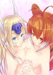  animal_ears antenna_hair asymmetrical_docking blazblue blonde_hair blue_eyes blush breast_press breasts brown_eyes brown_hair forehead_protector highres holding_hands interlocked_fingers large_breasts long_hair makoto_nanaya mu-12 multicolored_hair multiple_girls nude robot_ears sawa_nao short_hair squirrel_ears squirrel_tail tail two-tone_hair white_hair yuri 