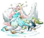  1girl barding bare_shoulders big_hair blowing blue_dress blue_ribbon blue_veil bracer breasts bug butterfly centaur centauroid cleavage_cutout clothing_cutout cross-shaped_pupils dress dress_flower elisse_(langrisser) flower flute full_body game_cg gold_trim golden_butterfly gradient_clothes gradient_dress green_eyes green_trim hair_ornament highres holding holding_flute holding_instrument hooves horns instrument langrisser langrisser_mobile layered_dress long_hair looking_at_viewer lying monster_girl multiple_legs music official_alternate_costume official_art parted_bangs pink_hair plant playing_flute playing_instrument pointy_ears ribbon rock second-party_source simple_background single_horn sleeveless sleeveless_dress small_breasts solo sparkling_water stream symbol-shaped_pupils tachi-e taur transparent_background unicorn_horn veil very_long_hair vines water white_flower white_wrist_cuffs wrist_cuffs yellow_butterfly 