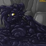 1:1 2025 anthro big_breasts breasts bubble clenched_teeth dragon fayren female hi_res horn huge_breasts mythological_creature mythological_scalie mythology nipples nude quicksand scalie solo sticky struggling stuck tar tar_covered tar_pit teeth worried xanthus yellow_eyes