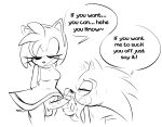 amy_rose anthro balls clothed clothing dress duo english_text erection eulipotyphlan eyes_closed genitals gynomorph hands_behind_back hedgehog hi_res intersex intersex/male male mammal monochrome ninotrash no_underwear penis sega smile sonic_the_hedgehog sonic_the_hedgehog_(series) text vein veiny_penis