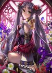  bad_id bad_pixiv_id bare_shoulders blurry book detached_sleeves double_bun flower glasses gunryuu_sangoku-den hair_flower hair_ornament holding long_hair looking_at_viewer pisuke silver_hair sitting smile solo twintails very_long_hair yellow_eyes 