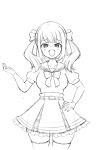  1girl :d adapted_costume assault_lily belt belt_buckle blunt_bangs blush bow bowtie breasts buckle commentary_request cowboy_shot fang frilled_skirt frills greyscale hair_bow hand_on_own_hip hand_up high-waist_skirt highres jewelry kanba_girls_high_school_uniform looking_at_viewer medium_breasts medium_hair miniskirt monochrome open_mouth puffy_short_sleeves puffy_sleeves raised_eyebrows ring sadamori_himeka sailor_collar school_uniform serafuku shirt short_sleeves simple_background sketch skin_fang skirt smile solo standing thighhighs twintails unu_(yayoinoasagohan) white_background zettai_ryouiki 