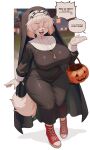 absurd_res anthro big_breasts biped breasts canid canine clothed clothing crazysnuft dialogue eyebrows female hair hair_over_eyes halloween hi_res holidays mammal mika_(crazysnuft) nun open_mouth outside smile solo speech_bubble standing text thick_thighs three-quarter_view trick-or-treating