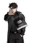  1boy black_coat black_eyes black_hair black_shirt coat commentary cowboy_shot curtained_hair english_commentary hair_between_eyes hand_in_pocket highres keomikan looking_at_viewer meme official_art_inset omniscient_reader's_viewpoint open_clothes open_coat outstretched_arm parody popped_collar shirt short_hair sidelighting throwing yoo_joonghyuk 