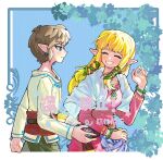  1boy 1girl bangle belt blonde_hair blue_background blue_eyes blunt_bangs bracelet breasts closed_eyes dress earrings green_ribbon grey_pants guzhi_annai hair_ribbon highres jewelry light_blush link long_hair long_sleeves looking_at_another medium_breasts pants parted_lips pink_dress pink_ribbon pointy_ears princess_zelda red_belt ribbon shawl shirt short_hair sidelocks smile teeth the_legend_of_zelda the_legend_of_zelda:_skyward_sword upper_body walking white_shawl white_shirt 