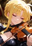  ai-generated black_dress blonde_hair closed_eyes colored_eyelashes dress fate_testarossa highres holding holding_instrument holding_violin instrument lyrical_nanoha mahou_shoujo_lyrical_nanoha_strikers makeup non-web_source portrait smile stage_lights theater violin 