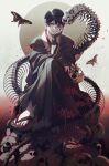  1boy absurdres armor axis_powers_hetalia black_butterfly black_hair black_hakama black_pants black_slippers bracelet bug butterfly closed_mouth commentary crossed_arms eyeshadow fingernails flower full_body full_moon gold_bracelet gold_ring gradient_background hakama hakama_pants hand_on_own_face hand_up highres holding holding_skull japan_(hetalia) japanese_armor japanese_clothes jewelry kariginu kote kurokote long_sleeves looking_at_viewer makeup male_focus moon nail_polish npyon pants red_background red_eyeshadow red_flower red_nails red_shirt shirt short_hair sitting skeleton skull slippers smile solo spider_lily symbol-only_commentary toenail_polish toenails torn_clothes torn_pants white_background wide_sleeves yellow_eyes 