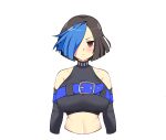  1girl armpit_crease bare_shoulders belt belt_buckle black_hair black_shirt blue_belt blue_hair blush breasts buckle chest_belt collarbone commentary crop_top detached_sleeves english_commentary hair_over_one_eye kometoze large_breasts linea_alba looking_at_viewer midriff multicolored_hair red_eyes sakyou_(senran_kagura) senran_kagura senran_kagura_new_wave shirt short_hair simple_background sleeveless sleeveless_shirt solo two-tone_hair white_background 