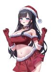  1girl absurdres bandeau bare_shoulders bell black_hair blue_eyes breasts choigoli choker cleavage commentary_request cowboy_shot crop_top fur_trim gloves hands_up hat highres jingle_bell korean_commentary large_breasts long_hair looking_at_viewer midriff miniskirt navel open_mouth pleated_skirt red_bandeau red_choker red_gloves red_hat red_skirt santa_hat shirayuki_hina simple_background skirt solo stellive stomach strapless tube_top very_long_hair virtual_youtuber white_background 