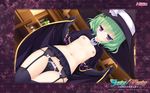  :o black_gloves black_legwear black_panties bow bow_panties cameltoe cape dutch_angle flat_chest garter_belt gloves green_hair hat highres justy_x_nasty kagami_hibiki lingerie mikagami_mamizu navel nipples no_bra panties purple_eyes short_hair solo thighhighs underwear underwear_only wallpaper witch_hat 