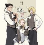  1girl 2boys apron badeni black_hair blonde_hair blue_eyes braid chi.:_chikyuu_no_undou_ni_tsuite collared_shirt commentary_request cup dress eyepatch hair_bun hat highres holding holding_tray jolenta long_sleeves looking_at_viewer maid maid_apron medium_hair mob_cap multiple_boys oczy open_mouth ponytail sakitsu scar scar_on_face scar_on_mouth shirt short_hair single_braid smile teacup teapot tonsure tray vest waist_apron white_shirt yellow_eyes 