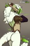 2025 anthro biped butt clothed clothed_anthro clothed_male clothing digital_drawing_(artwork) digital_media_(artwork) elin_(psychorodent) eyewear fur genitals glasses green_eyes hair hi_res horn male penis psychorodent rear_view simple_background snatyr solo standing tail teeth tongue white_body white_fur white_hair white_tail
