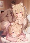  2girls absurdres animal_ear_fluff animal_ears blanket blonde_hair blue_eyes blue_hair blue_nails commentary dog_ears dog_girl finger_to_mouth fuwawa_abyssgard highres hololive hololive_english index_finger_raised indoors long_hair long_sleeves looking_at_viewer lying mococo_abyssgard multicolored_hair multiple_girls neru5 one_eye_closed open_mouth parted_lips pink_hair red_eyes short_hair shorts shushing siblings twins virtual_youtuber white_shorts 